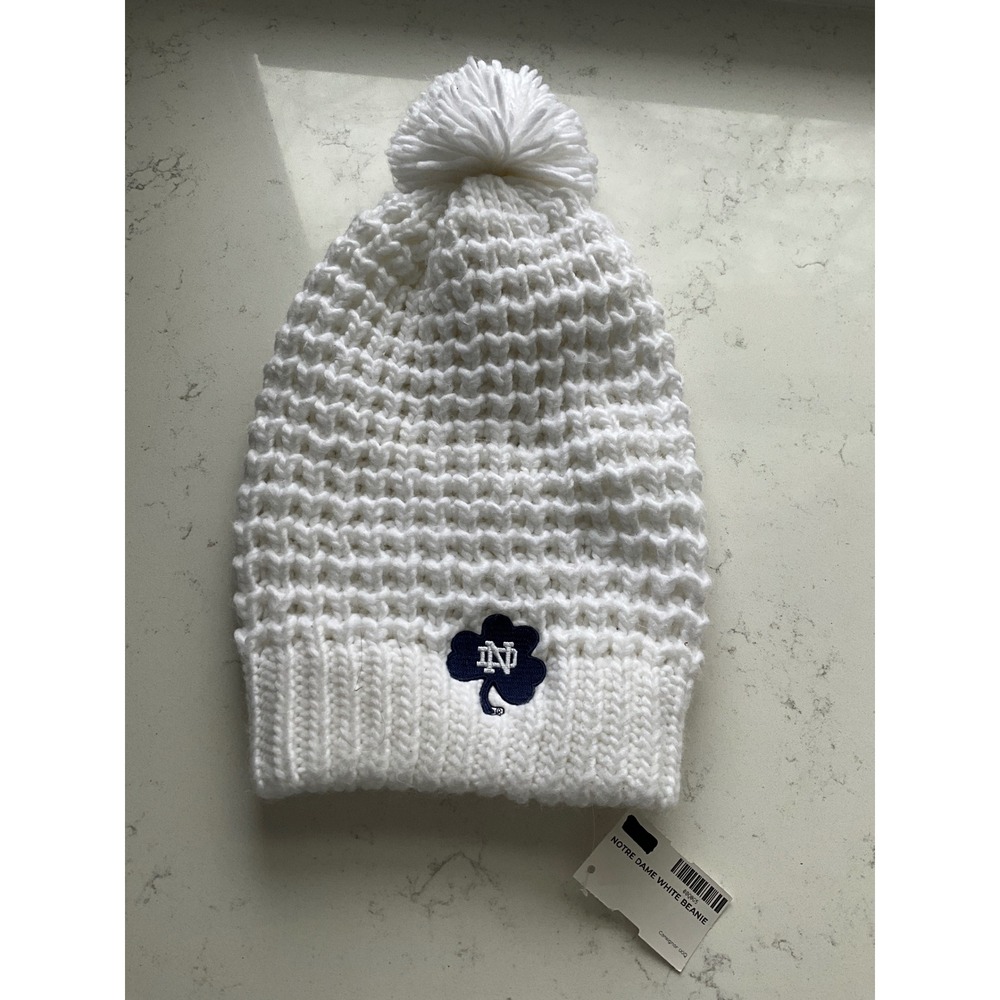 Notre Dame Fighting Irish White Knit Pom Beanie Hat LogoFit Shamrock ND OSFM